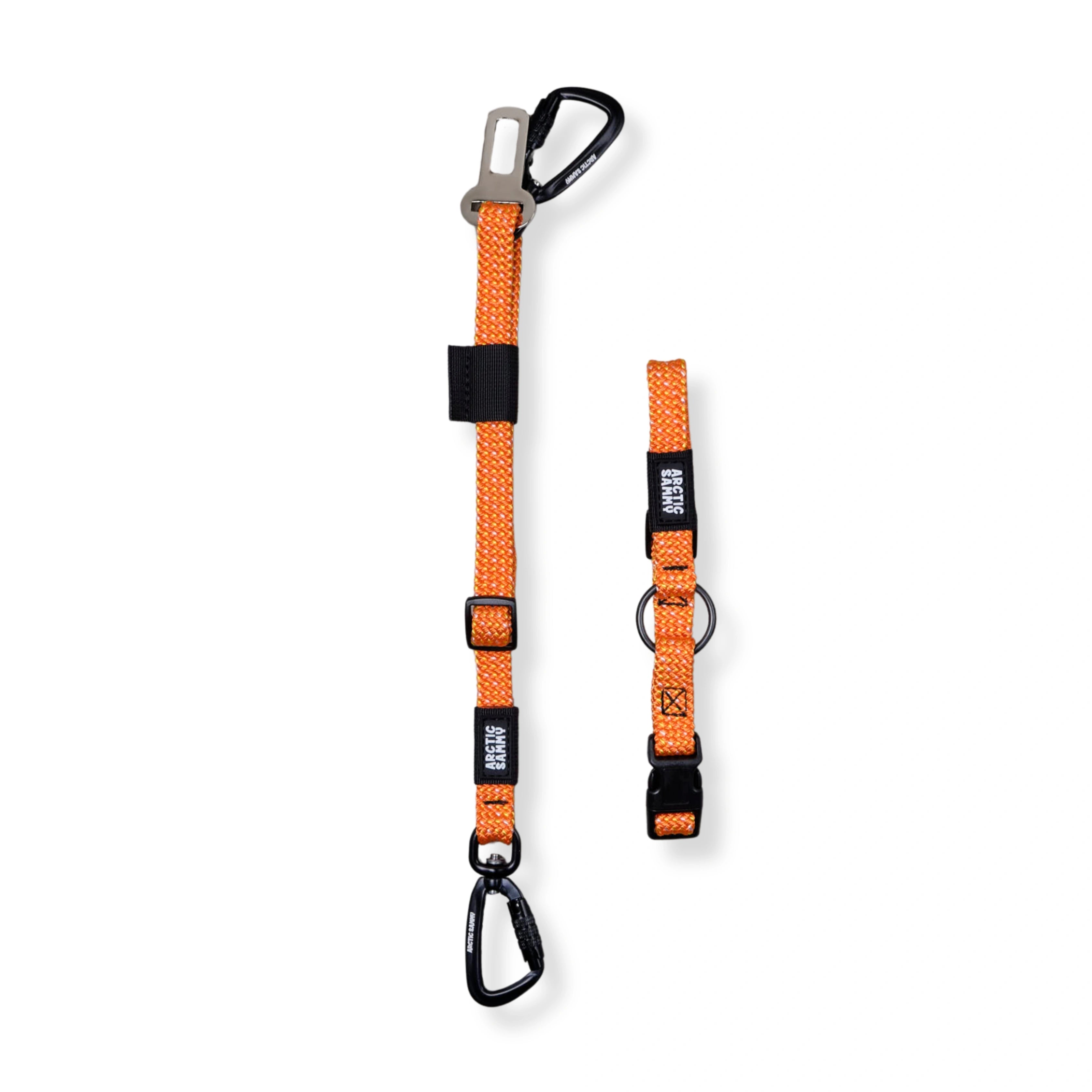 Orange dog car tether set with metal clasp on a white background